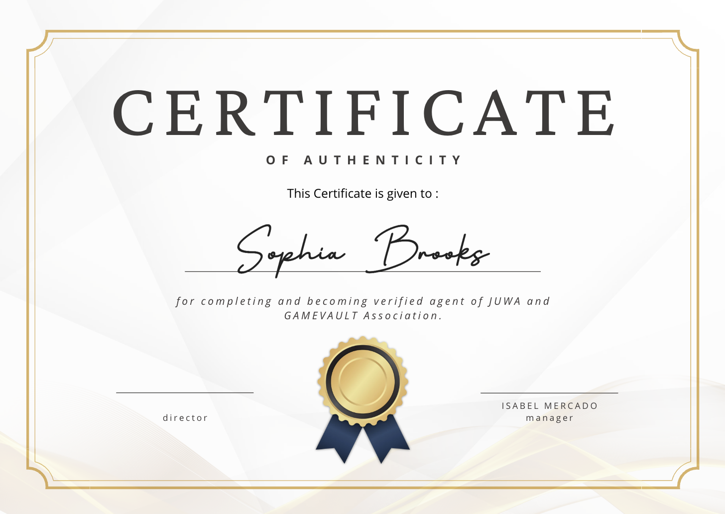Certificate of authenticity awarded to Sophia Brooks as a verified JUWA and Game Vault agent