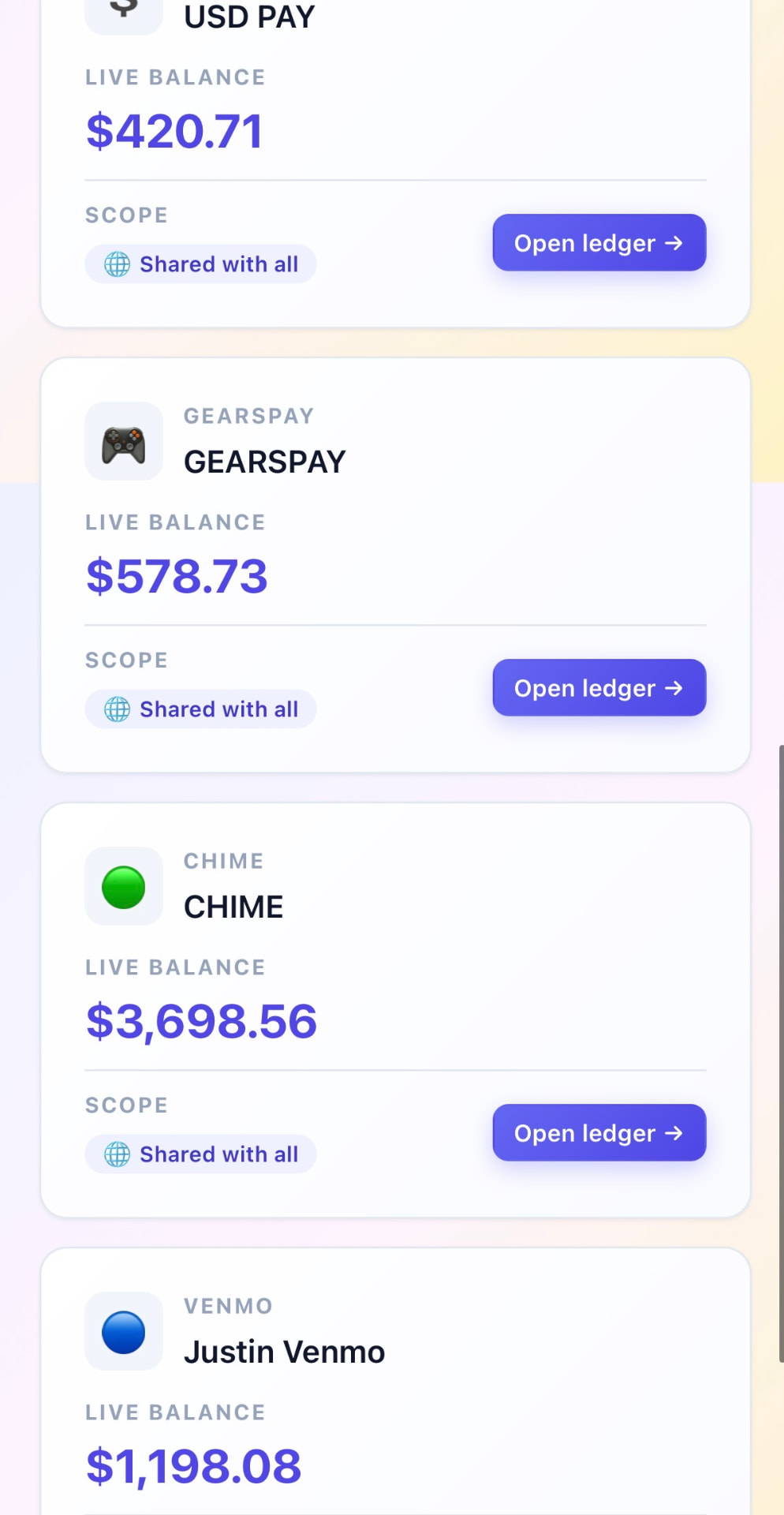 Live payment account balances used for player cashouts