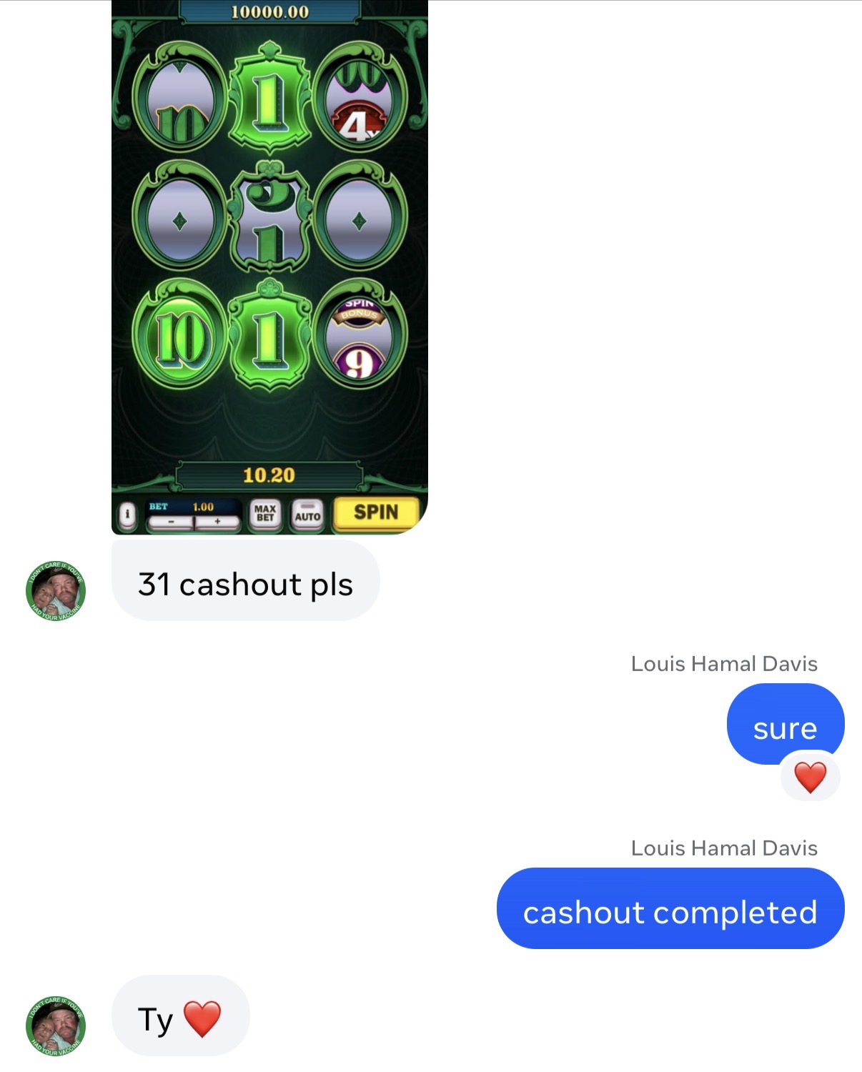 Chat screenshot showing a completed player cashout