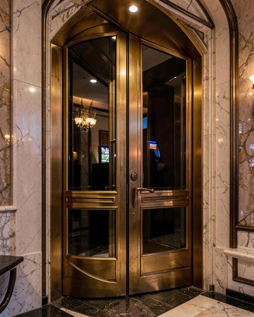 Brass and marble entrance doors of Sophia's Casino
